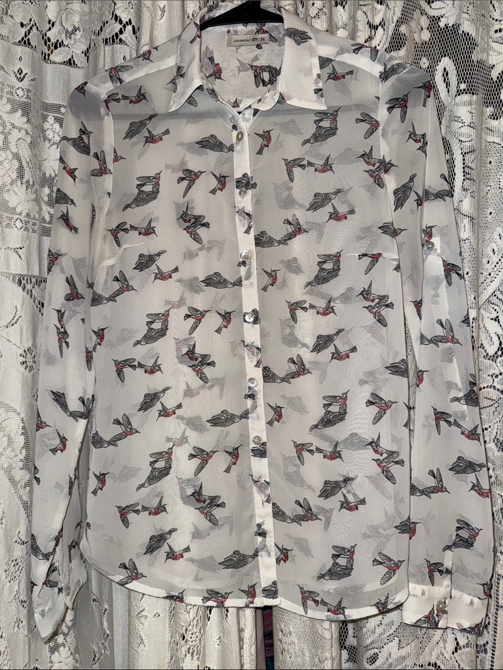 Sheer White Bird-Print Button-Front Blouse